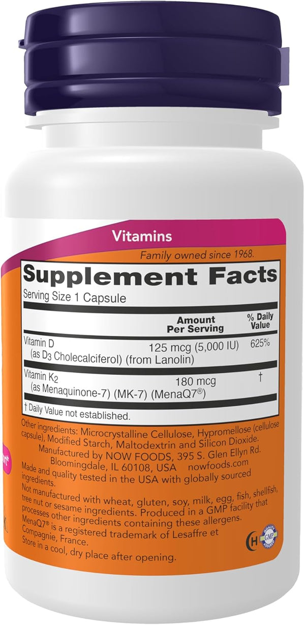 NOW Foods Supplements, Mega D-3 & MK-7 with Vitamins D-3 & K-2, 5,000 IU/180 Mcg, Bone & Cardiovascular Support*, 60 Veg Capsules