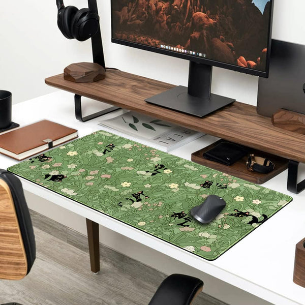 Green Desk Mat XL Cat Cute Plant Cool Desk Pad Keyboard Mat Kawaii Black Cat Flower Mouse Pad Green Desk Mat Desk Decor with Stitched Edges