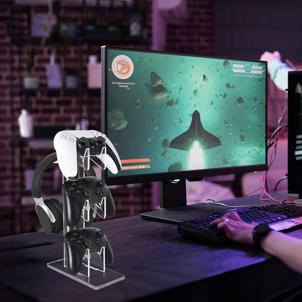 FYY Game Controller Holder 3 Tiers - Universal Dual Stand and Headphone Holder, Acrylic Clear Display Compatible with Nintendo Switch, Xbox, PS5,
