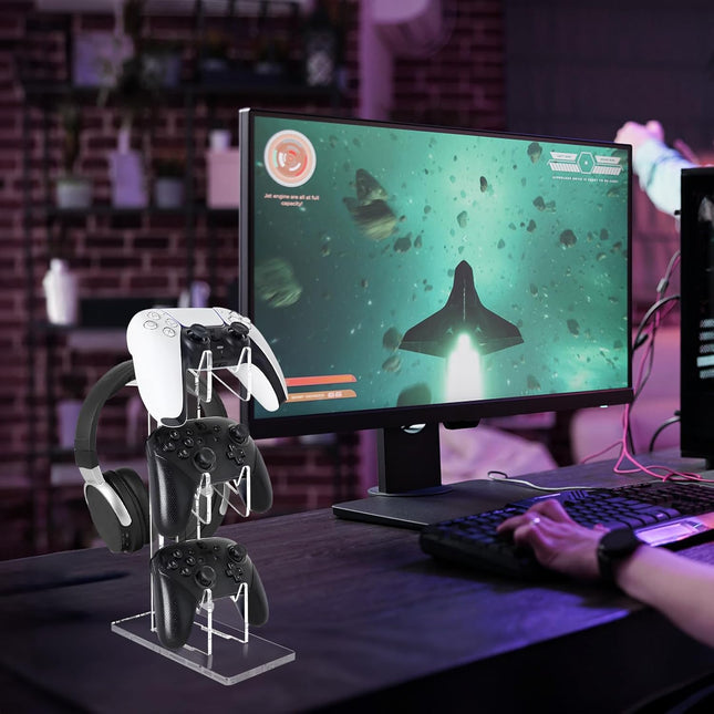 FYY Game Controller Holder 3 Tiers - Universal Dual Stand and Headphone Holder, Acrylic Clear Display Compatible with Ni