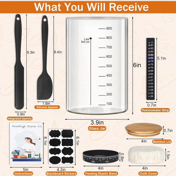 Sourdough Starter Jar Glass, 34 Oz DIY Wide-mouth Pro Sourdough Starter Jar Kit with Silicone Spatula,Cholkboard Sign, hermometer,Feeding