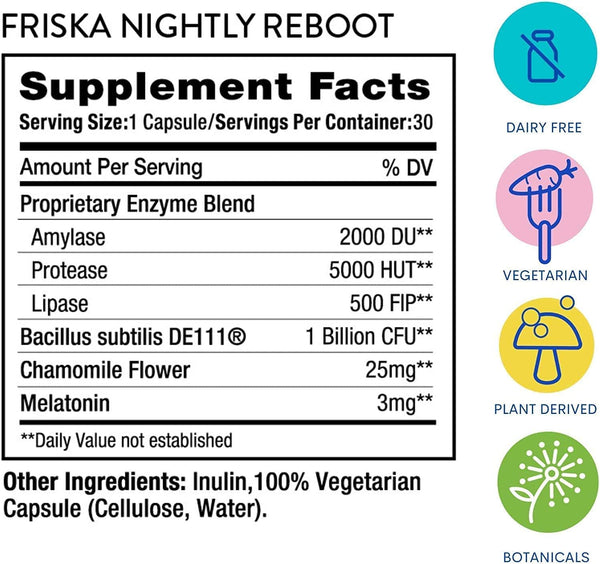 FRISKA Nightly Reboot Enzyme and Probiotics Supplement, Promotes Better Digestion and Sleep, Supports Gut Health for Men and Women, Melatonin,