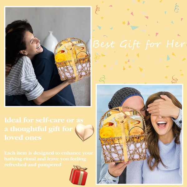 Gift Baskets , Spa Gifts for Women, 8Pcs Honey Almond Bath Gift Set for Women, Relaxation Self Care Spa Kit W/Bath Bomb, Bubble Bath, Mom Birthday