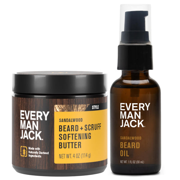 Every Man Jack Beard Oil & Beard Butter Bundle - Sandalwood Fragrance - Rejuvenates, Hydrates & Styles Dry Beards - Naturally Derived with Cocoa