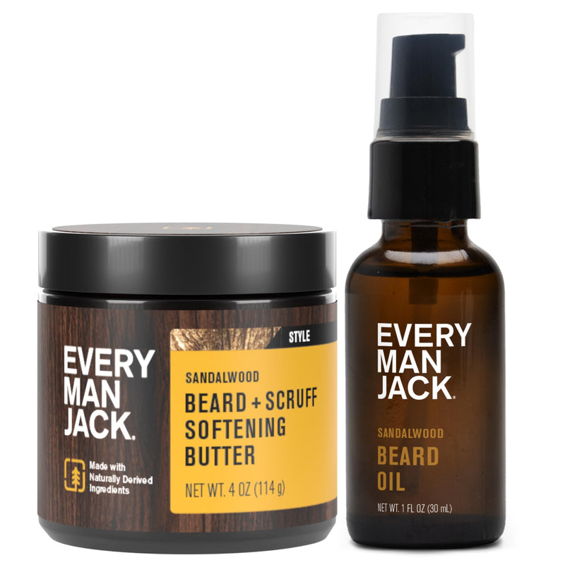 Every Man Jack Beard Oil & Beard Butter Bundle - Sandalwood Fragrance - Rejuvenates, Hydrates & Styles Dry Beards - Naturally Derived with Cocoa