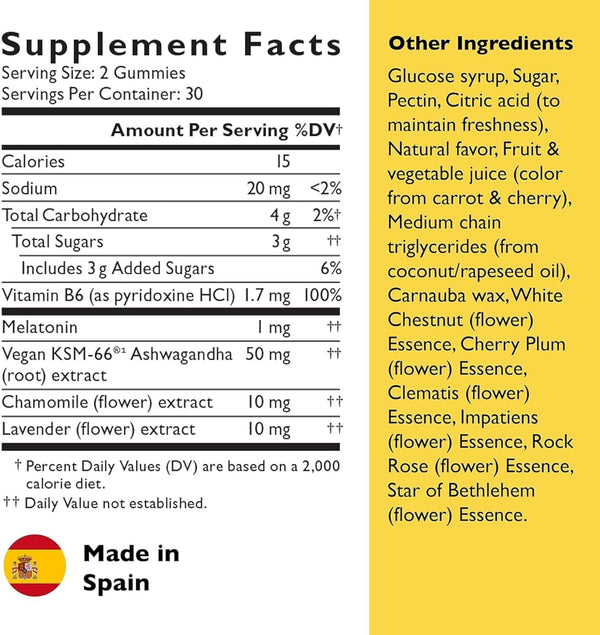 Bach RESCUE plus Sleep & Stress Support Gummies, Nighttime Dietary Supplement with 1Mg Melatonin, Ashwagandha, Chamomile, Lavender & Vitamin B6,