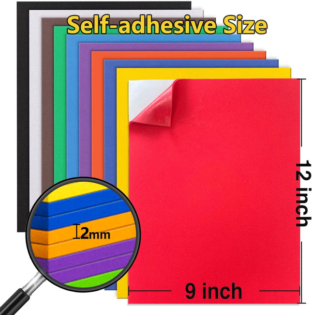 MEARCOOH Self Adhesive Foam Sheets, 10 Colors 9X12 Inch 2Mm Sticky Eva Foam Paper for Crafts Cardmaking Photo Frames Cla