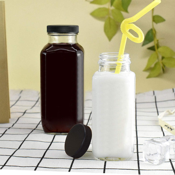Encheng Vintage Water Bottles,Glass Drinking Bottles 16Oz,Square Beverage 500Ml with Lids for Kombucha,Tea,Glass Homemade Drinks,Travel Reusable