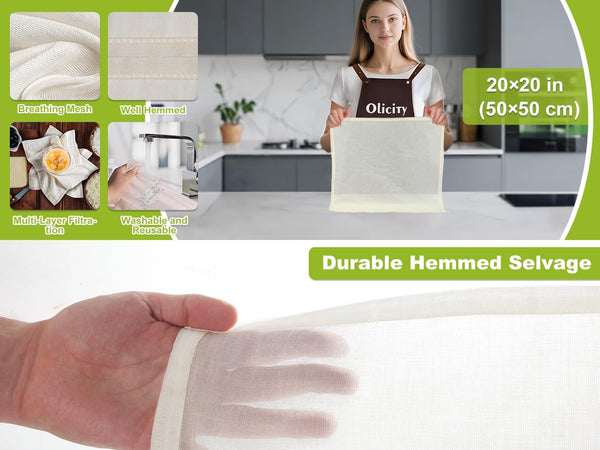 Olicity Cheese Cloths, 4PCS, Grade 100,20X20Inch Hemmed Cheese Cloth Fabric Reusable Fine Mesh Cloth Strainer, 100% Cotton Unbleached Precut