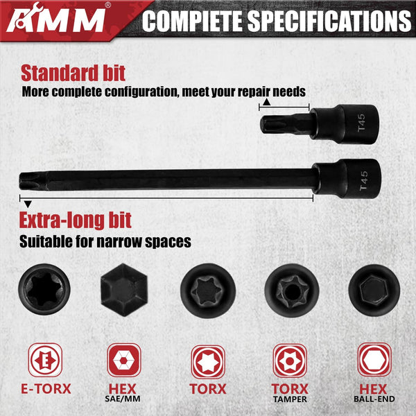 AMM 107PCS Allen and Torx Bit Socket Set, 1/4", 3/8" and 1/2" Drive,Extra Long Torx/Tamper Proof Torx/Hex/Ball End Hex,Sae/Metric Socket Set, S2