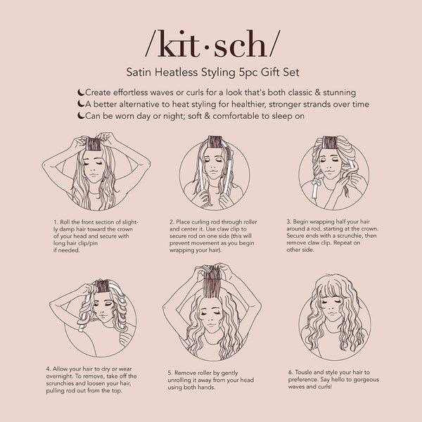 Kitsch Satin Heatless Hair Curler Styling 5Pc Gift Set - Satin Heatless Hair Curler W/ 2 Scrunchies, Ceramic Thermal Roller & Claw Clip, Gifts for