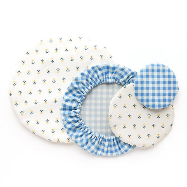 Esembly Bowl Caps - Reusable Bowl Covers in Pack of 4 - Waterproof, Washable Lids for Leftover Food, Fruits and Snacks - Buds + Gingham, 4-Pack