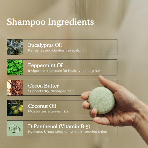 Shampoo & Conditioner Bar Set | Peppermint + Eucalyptus | with Travel Container and Cedar Tray | Natural Salon Quality Shampoo, Zero Waste &