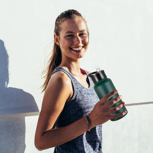 32 Oz Insulated Water Bottle Bulk 4 Pack, Stainless Steel Sports Water Bottles with Straw Lid & Wide Mouth Lids, Double Walled Vacuum, Leak Proof,