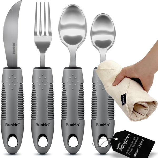 BUNMO Utensils for Elderly, Arthritis, Weak Hand Grip, Tremors & Handicapped - Convenient Travel Pouch - 2.6Oz Lightweight - Stainless Steel - Eat