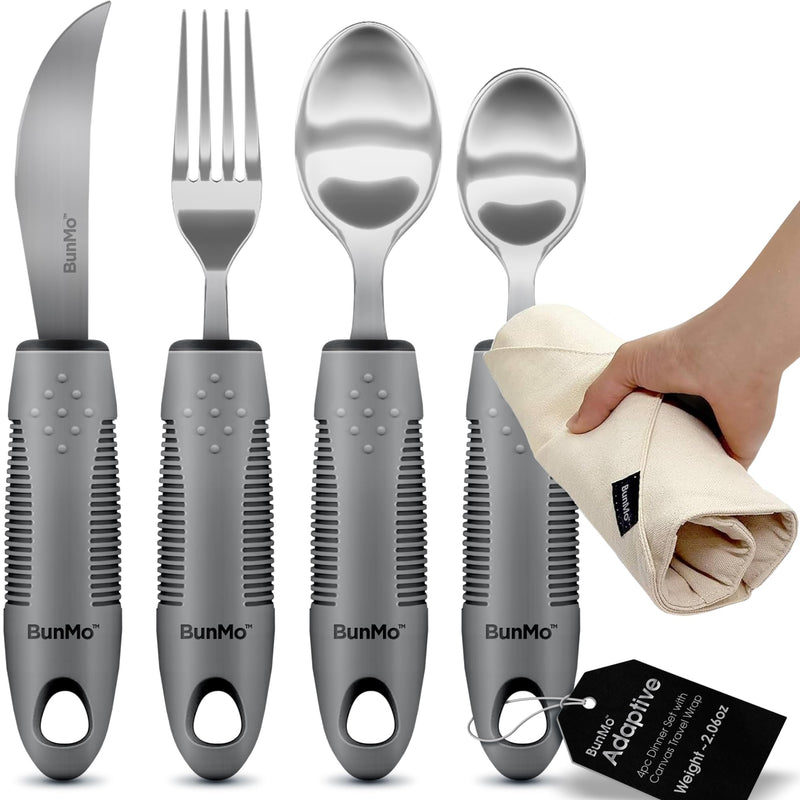 BUNMO Utensils for Elderly, Arthritis, Weak Hand Grip, Tremors & Handicapped - Convenient Travel Pouch - 2.6Oz Lightweight - Stainless Steel - Eat