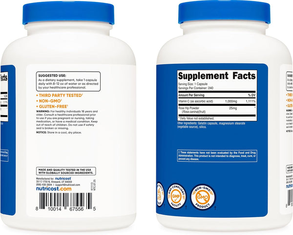 Nutricost Vitamin C with Rose HIPS 1025Mg, 240 Capsules - Vitamin C 1,000Mg, Rose HIPS 25Mg, Premium, Non-Gmo, Gluten Free Supplement