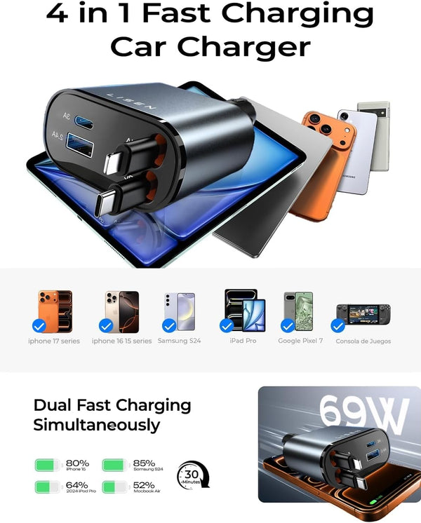 LISEN Retractable Car Charger, 69W USB C Car Accessories Adapter for Iphone 16 USB C Charger Fast Charging, Fathers Day for Gifts, Travel