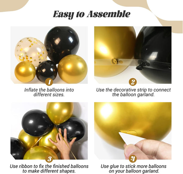 FOTIOMRG Black and Gold Balloons Garland Arch Kit, 5 10 12 18Inch Black Gold Confetti Latex Balloons for 2024 Graduation New Year Anniversary