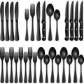 24-Piece Black Silverware Set with Steak Knives, Black Flatware Set for 4, Food-Grade Stainless Steel Tableware Cutlery Set, Mirror Finished