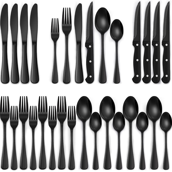 24-Piece Black Silverware Set with Steak Knives, Black Flatware Set for 4, Food-Grade Stainless Steel Tableware Cutlery Set, Mirror Finished