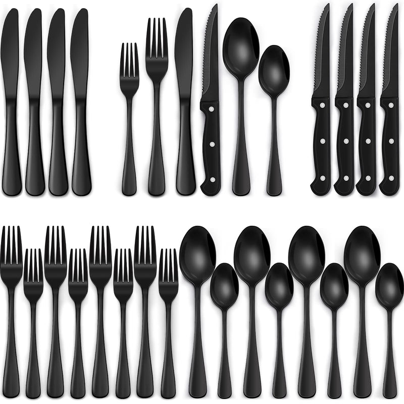 24-Piece Black Silverware Set with Steak Knives, Black Flatware Set for 4, Food-Grade Stainless Steel Tableware Cutlery Set, Mirror Finished