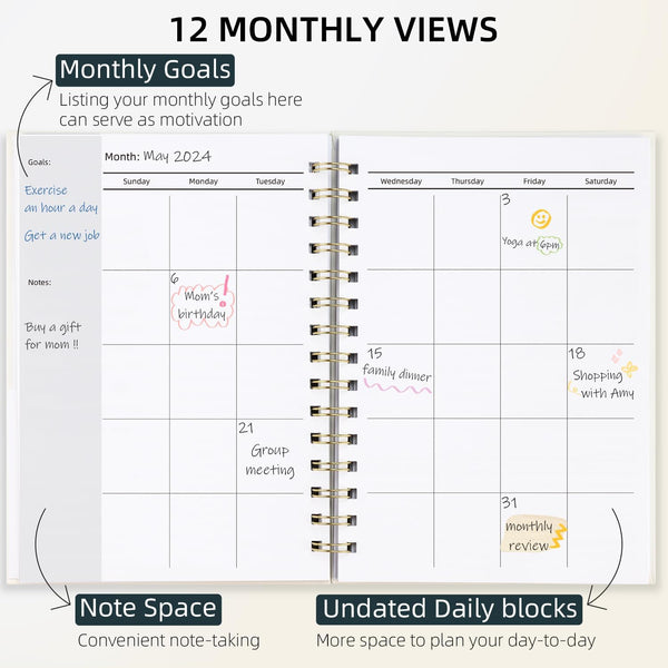 Undated Weekly and Monthly Planner Spiral Bound- Weekly Goals Planner Notebook, Weekly to Do List, Habit Tracker Journal, Academic, Aesthetic,