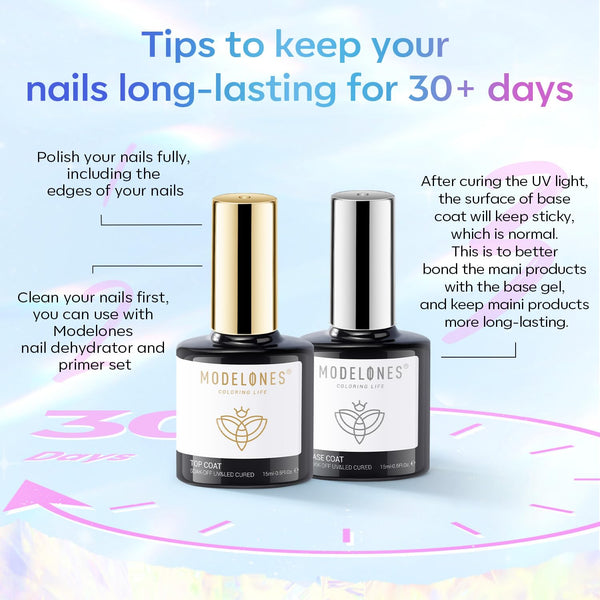 Modelones Gel Top Coat, 15 Ml 2025 Upgrade Super Shiny Base and Top Coat Set, Soak off Nail Lamp Acid Free No Wipe Clear Base Top Gel Nail Polish