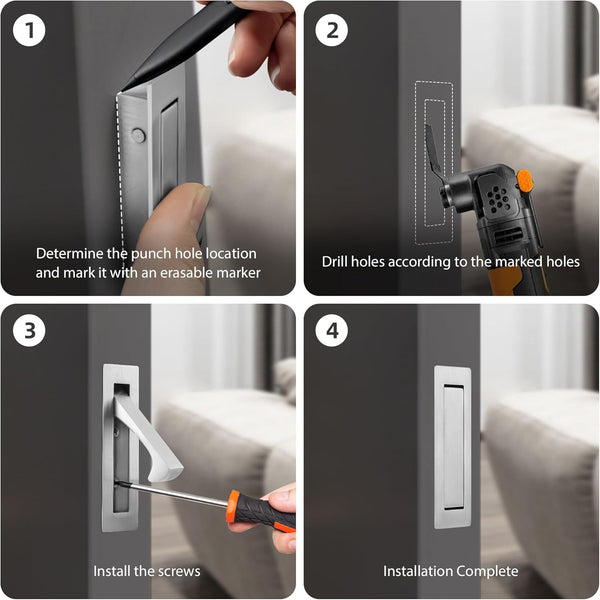 Pocket Door Pull and Edge Set, Stainless Steel Hardware Recessed Handle, Sliding Door Finger Flush Pull (Brushed Steel, 3 Pack)