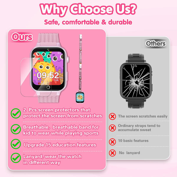 Smart Watch for Kids Girl Gift Ages 3-12, 2 Screen Protector, 26 Puzzle Games, HD Camera Video Music Player Touchscreen Pedometer, Educationtal