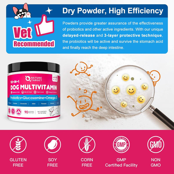 NATURE TARGET Dog Vitamins Powder, Probiotics & Digestive Enzymes for Gut Health, Glucosamine & Chondroitin & Omega 3, Complete Supplement for
