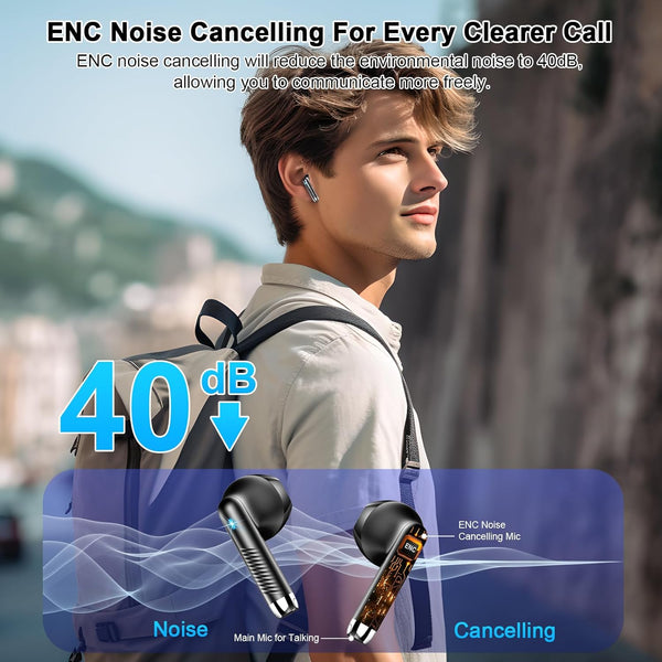 Wireless Earbuds, 2024 Bluetooth Headphones V5.3 Ear Buds Built-In ENC Noise Cancelling Mics, 40H Stereo Bass Bluetooth Earbuds with Dual LED