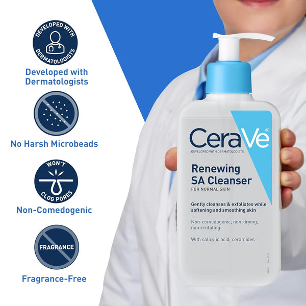 Cerave Renewing Salicylic Acid Cleanser, Formulated with Hyaluronic Acid, Niacinamide, & Ceramides, Gentle BHA Exfoliating Face Wash Smooths &