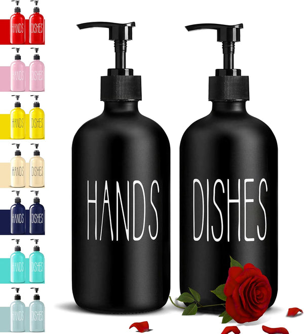 Glass Soap Dispenser Set 2 Pack,Contains Hand and Dish Soap Dispenser.Premium 16 Oz Black Kitchen Soap Dispenser Set for Kitchen Sink and