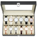 Ohuhu Watch Case, 12 Slot PU Leather Real Glass Lid, Watch Box Watch Holder Organizer Display Storage Box Soft Velvet Jewelry Box for Men and