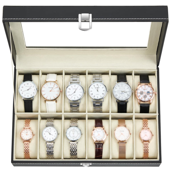 Ohuhu Watch Case, 12 Slot PU Leather Real Glass Lid, Watch Box Watch Holder Organizer Display Storage Box Soft Velvet Jewelry Box for Men and