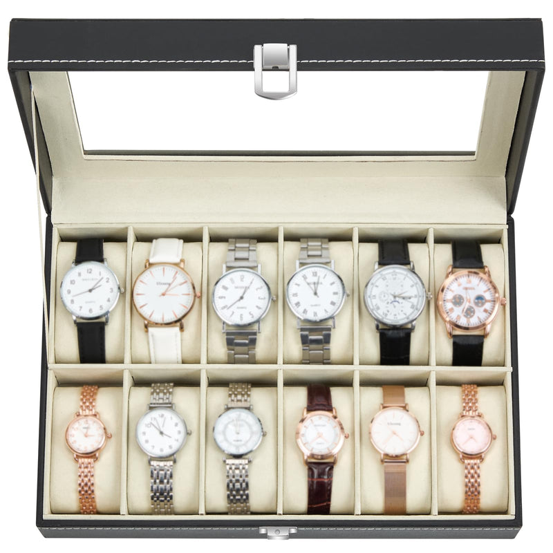 Ohuhu Watch Case, 12 Slot PU Leather Real Glass Lid, Watch Box Watch Holder Organizer Display Storage Box Soft Velvet Jewelry Box for Men and