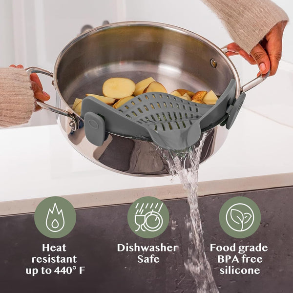 Kitchen Gizmo Snap N' Strain - Silicone Pasta Strainer Clip-On for Pots and Pans - Heat Resistant Colander for Vegetables and Noodles - Kitchen