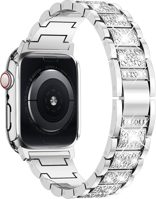 SUPOIX Compatible with Apple Watch Band S10 42Mm + Case, Women Jewelry Bling Diamond Metal Strap & 2P Cover Cases for Iwatch Series 10(Silver,42Mm)