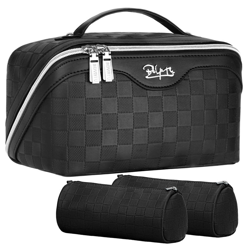 BOYATU Travel Makeup Bag Organizer Cosmetic Bag: 3 Pcs Set Make up Bags for Women with Handle - Waterproof Vegan Leather Toiletry Bags with