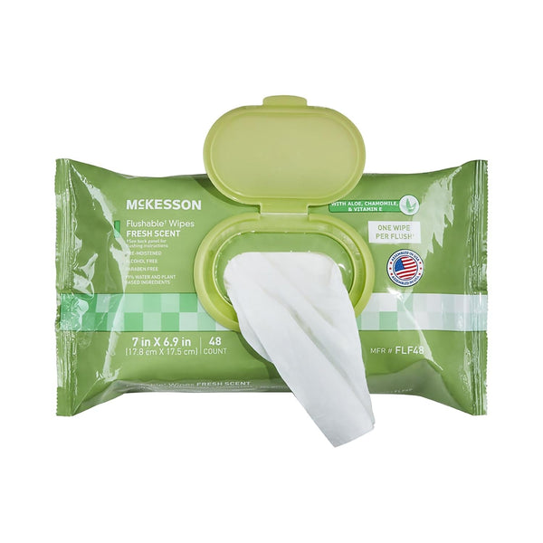 Mckesson Flushable* Adult Wet Wipes â 144 Wipes (3 Pack of 48) â Aloe & Vitamin E, Plant-Based Cleansing Wipes, Scented
