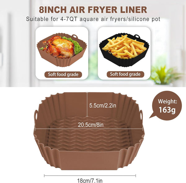 2 PCS Square Silicone Air Fryer Liners - 8 Inch Reusable Air Fryer Pot - Air Fryer Accessories - Air Fryer Inserts for 4 to 7 QT Oven Microwave