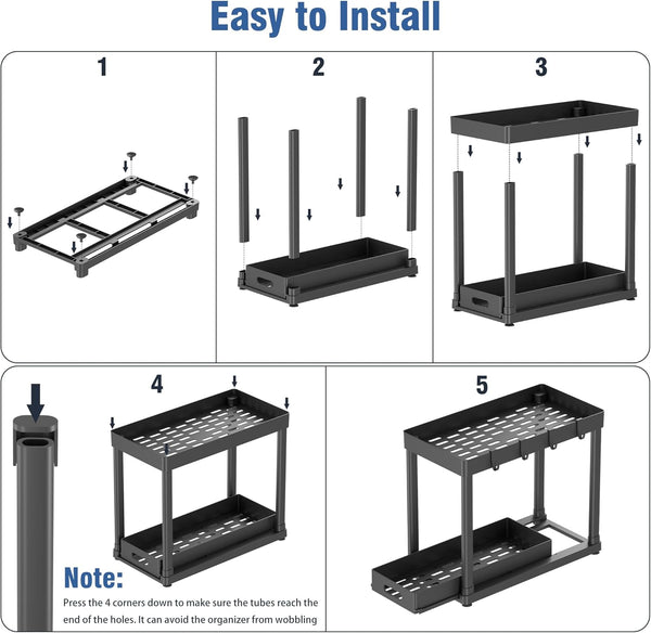 2PC under Sink Organizer Rack 2 Tier under Sliding Cabinet Basket Organizer Drawer with 4 Hooks, Multi-Purpose under Sink Storage for Bathroom