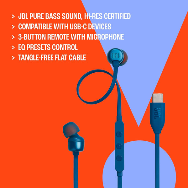 JBL Tune 310C - Wired Hi-Res In-Ear Headphones, Tangle-Free Flat Cable, 3-Button Remote with Microphone (Black)