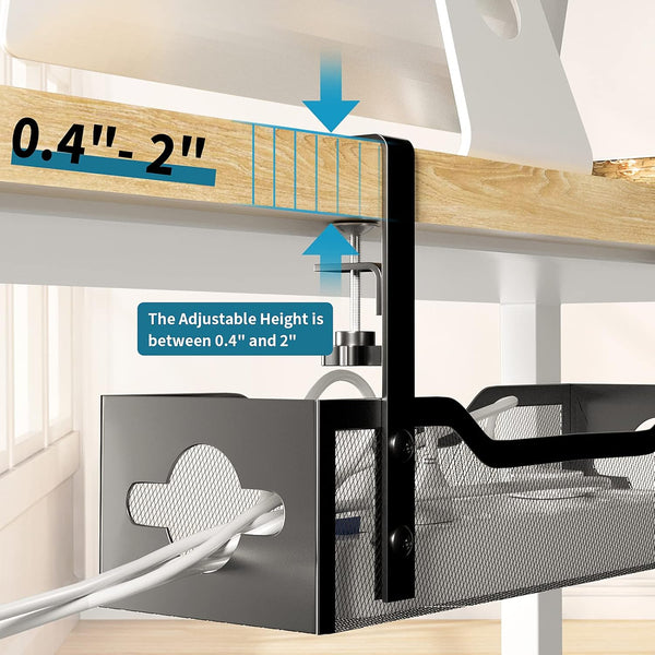 Under Desk Cable Management Tray No Drill, Metal Mesh Cable Management under Desk with Clamp Mount, 2 Hole Cable Tray with Wire Management and