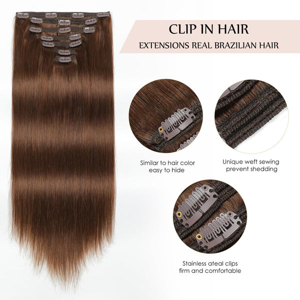 Sisily Clip in Hair Extensions Real Human Hair, 16 Inch 140G, Chocolate Brown, 100% Brazilian Remy Human Hair Clip in Extensions Soft Straight