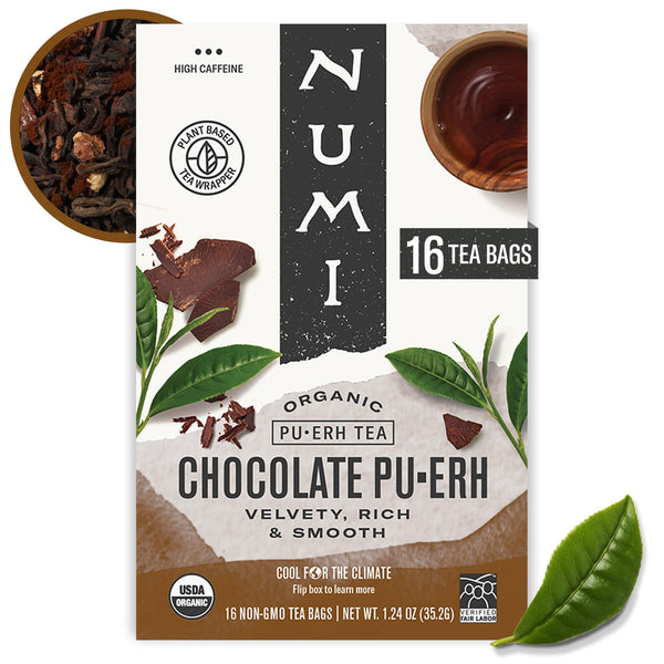 Numi Organic Chocolate Pu-Erh Tea, 16 Tea Bags, Aged Yunnan Pu-Erh Black Tea with Cocoa & Orange Peel (Packaging May Vary)
