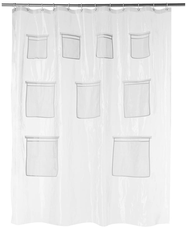Amazon Basics 8-Gauge PEVA Shower Curtain or Liner with Mesh Storage Pockets - 72" X 72", Clear