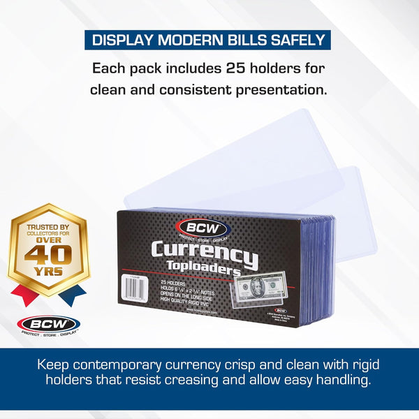 BCW Currency Topload Holder - Pack of 25 | Clear Rigid PVC Protective Sleeve for Standard US Dollar Bills | Archival Safe, Scratch-Resistant