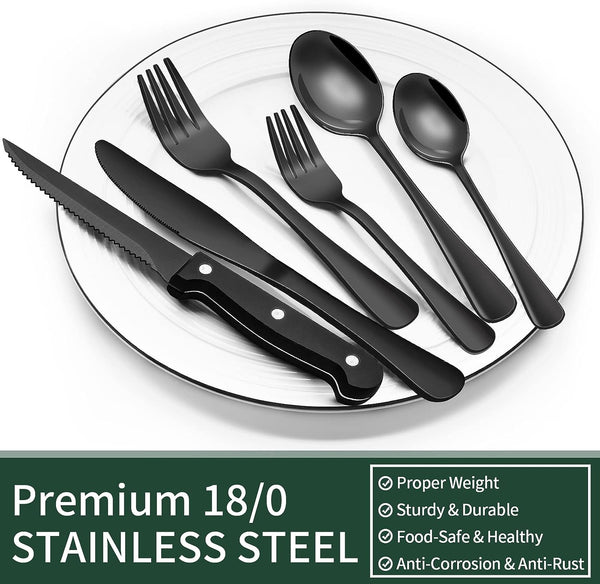 24-Piece Black Silverware Set with Steak Knives, Black Flatware Set for 4, Food-Grade Stainless Steel Tableware Cutlery Set, Mirror Finished